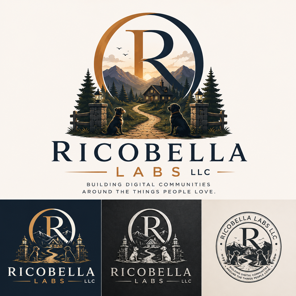 Ricobella Labs brand crest — a circular R framing a cottage, winding path, and Rico and Bella